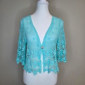 Rabbit Rabbit Designs Aqua Crochet Lace Cardigan Cotton Shrug R1JD01L02R21 S